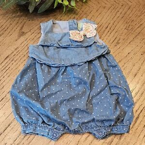 Blue Polka Dot Denim Baby Romper 6-9 Months